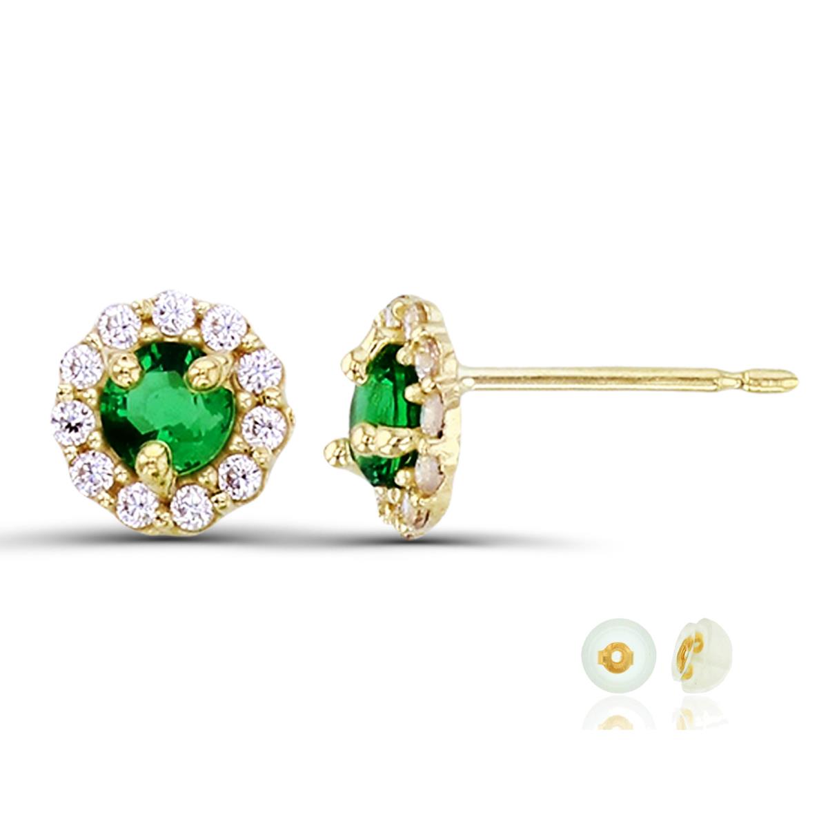 10K Yellow Gold 5.50mm Green/White CZ Roseton Cluster Stud Earring with Silicone Back