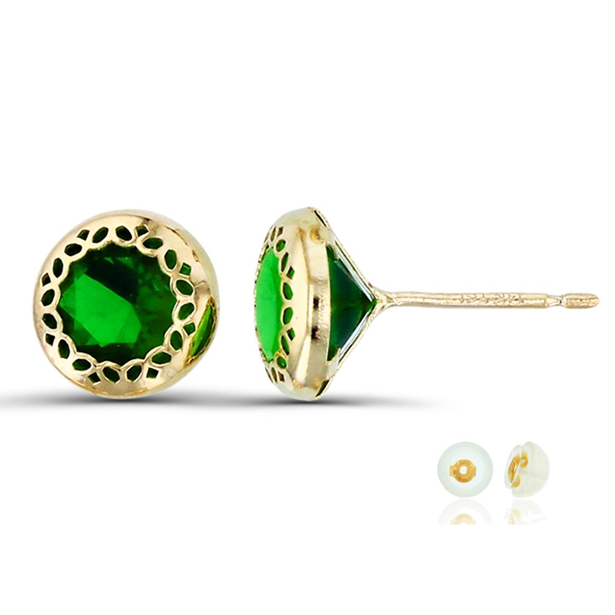 10K Yellow Gold 6mm Green Round Textured Bezel Stud Earring with Silicone Back