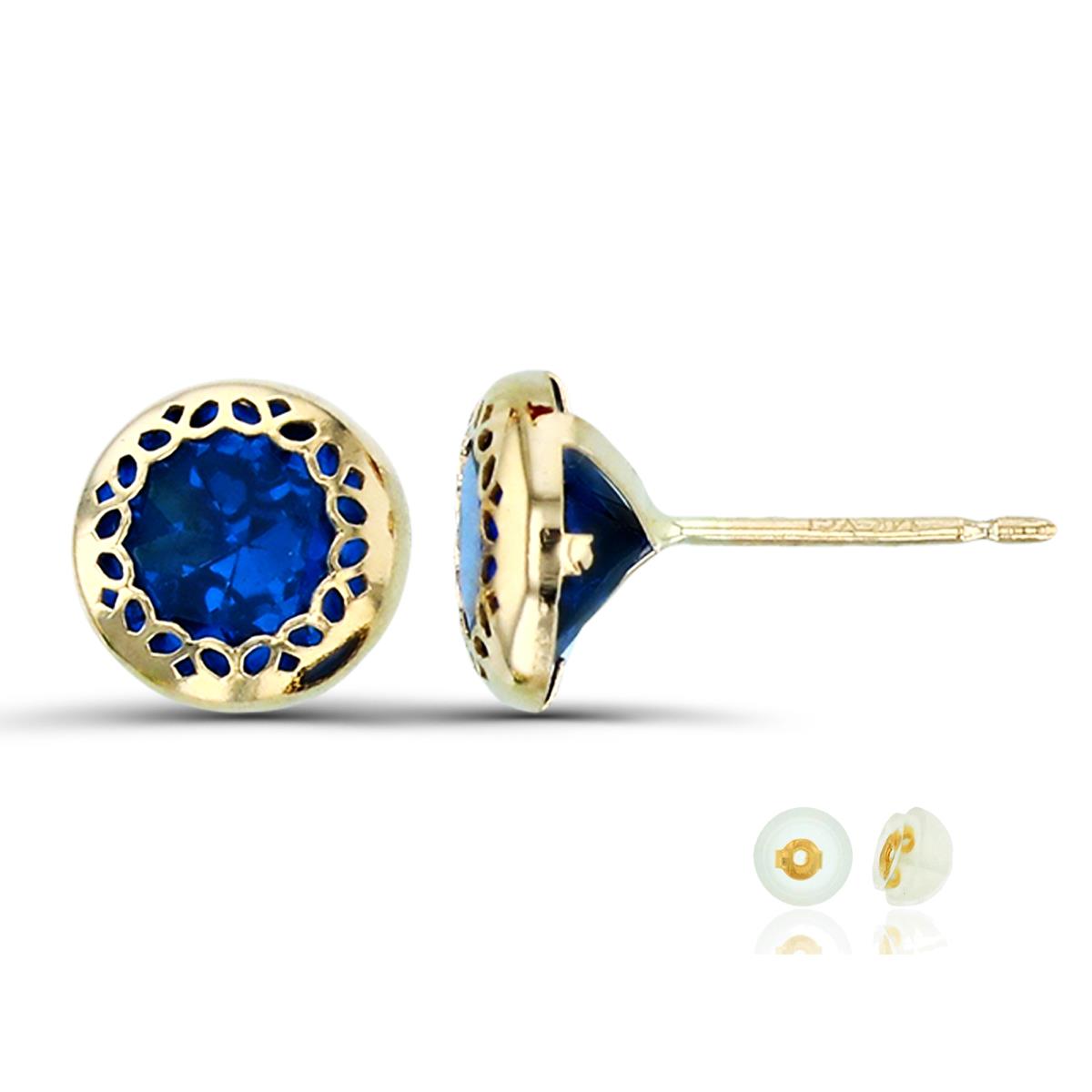 10K Yellow Gold 6mm Blue Round Textured Bezel Stud Earring with Silicone Back