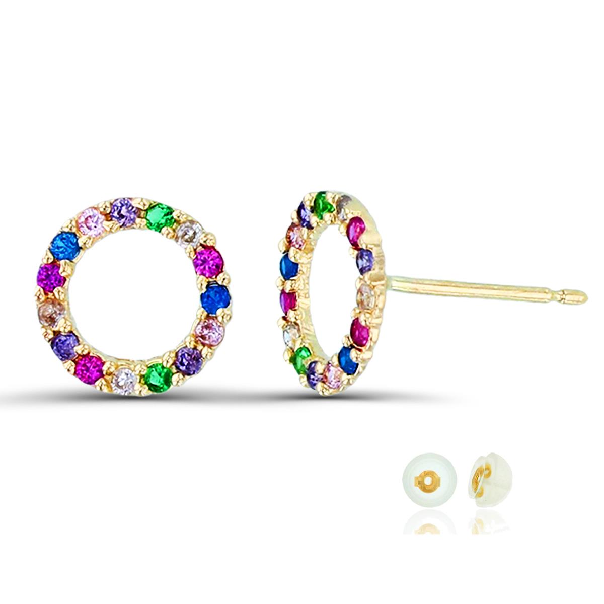 10K Yellow Gold Multi Color CZ Open Circle Stud Earring with Silicone Back