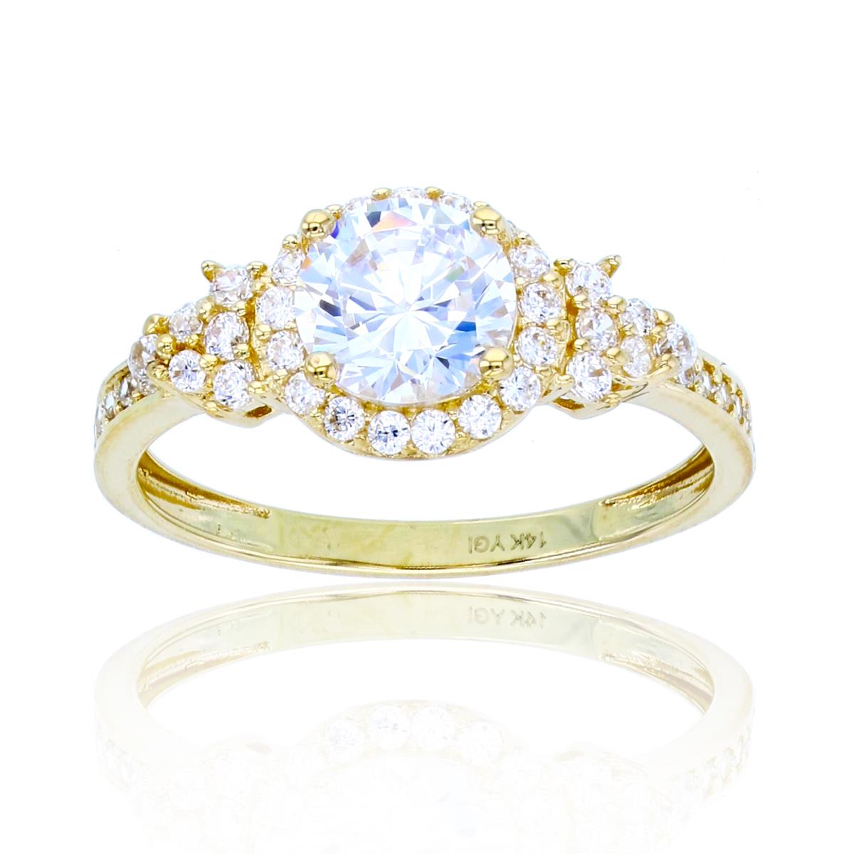 14K Yellow Gold 6.5mm Rnd CZ Center & CZ Trill on Side Halo Engagement Ring