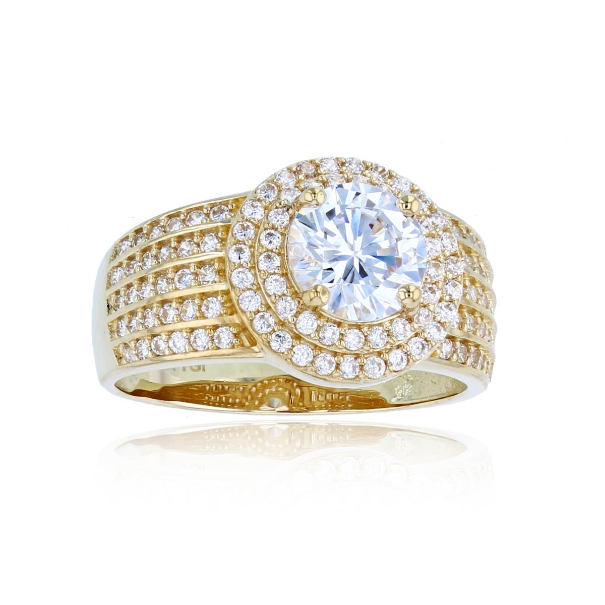 10K Yellow Gold 7mm Rnd CZ Center & Rnd CZ Double Halo Puffy Wide Ring