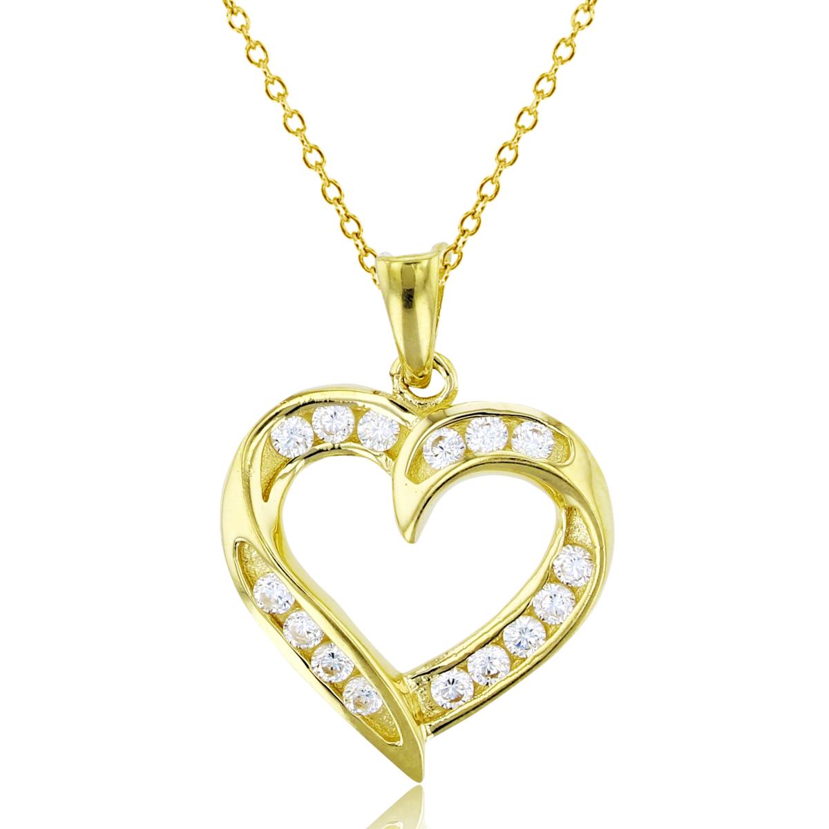14K Yellow Gold Rnd White CZ Heart 18"Necklace