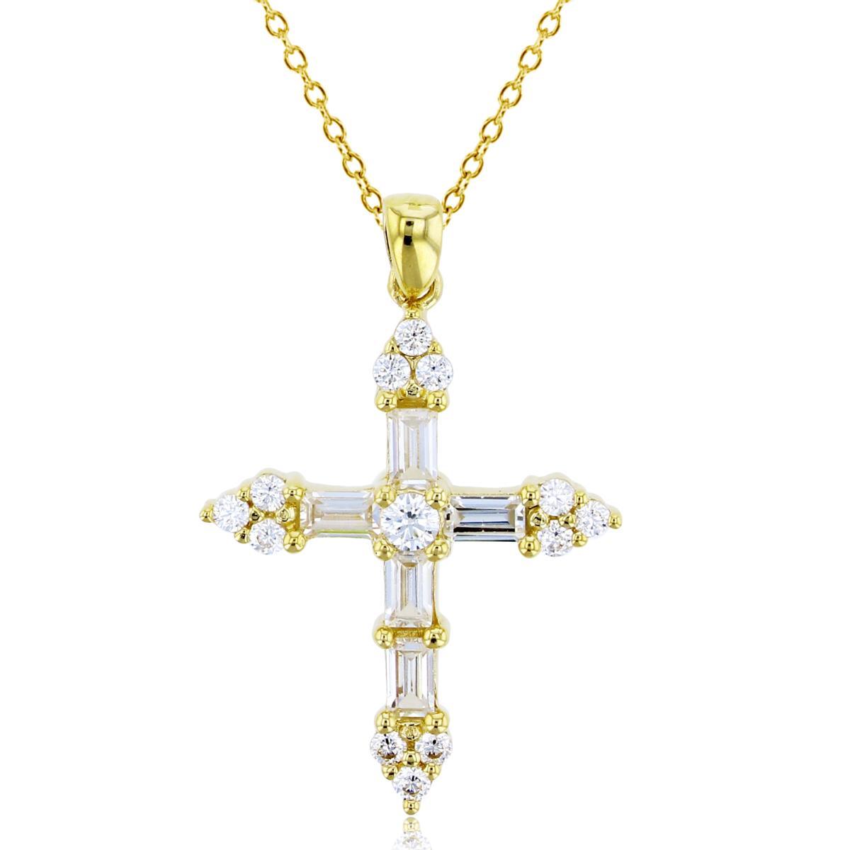 14K Yellow Gold SB & Rnd White CZ Cross 18"Necklace