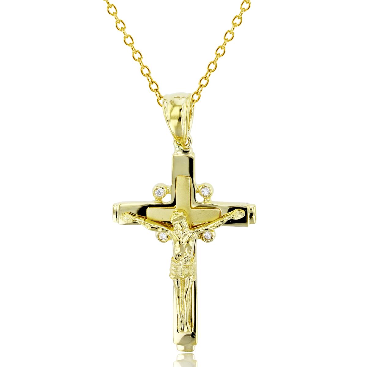 14K Yellow Gold Bezel Rnd White CZ Satin & Textured Crucifix 18"Necklace