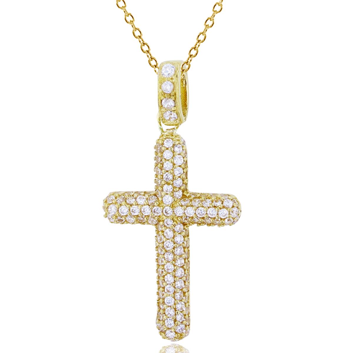 14K Yellow Gold Rnd White CZ Pave Puffy Cross 18"Necklace