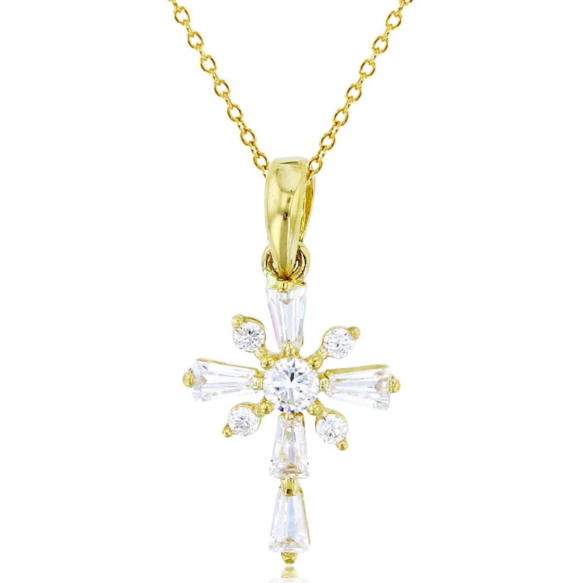 14K Yellow Gold TB & Rnd White CZ Scattered Cross 18"Necklace