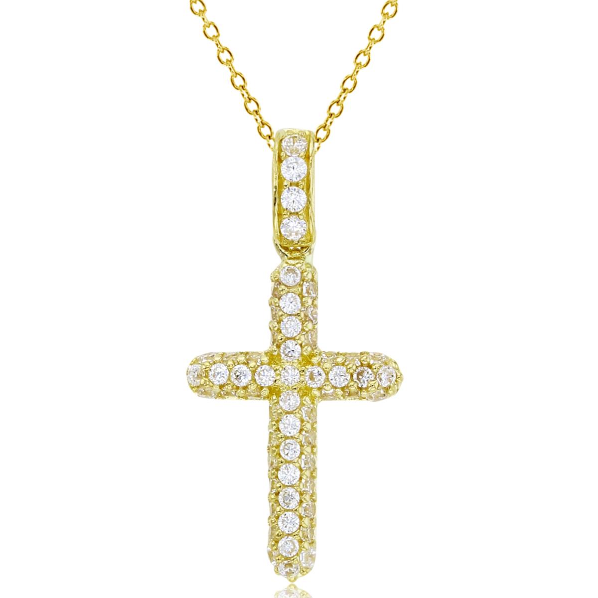14K Yellow Gold Rnd White CZ Puffy Cross 18"Necklace
