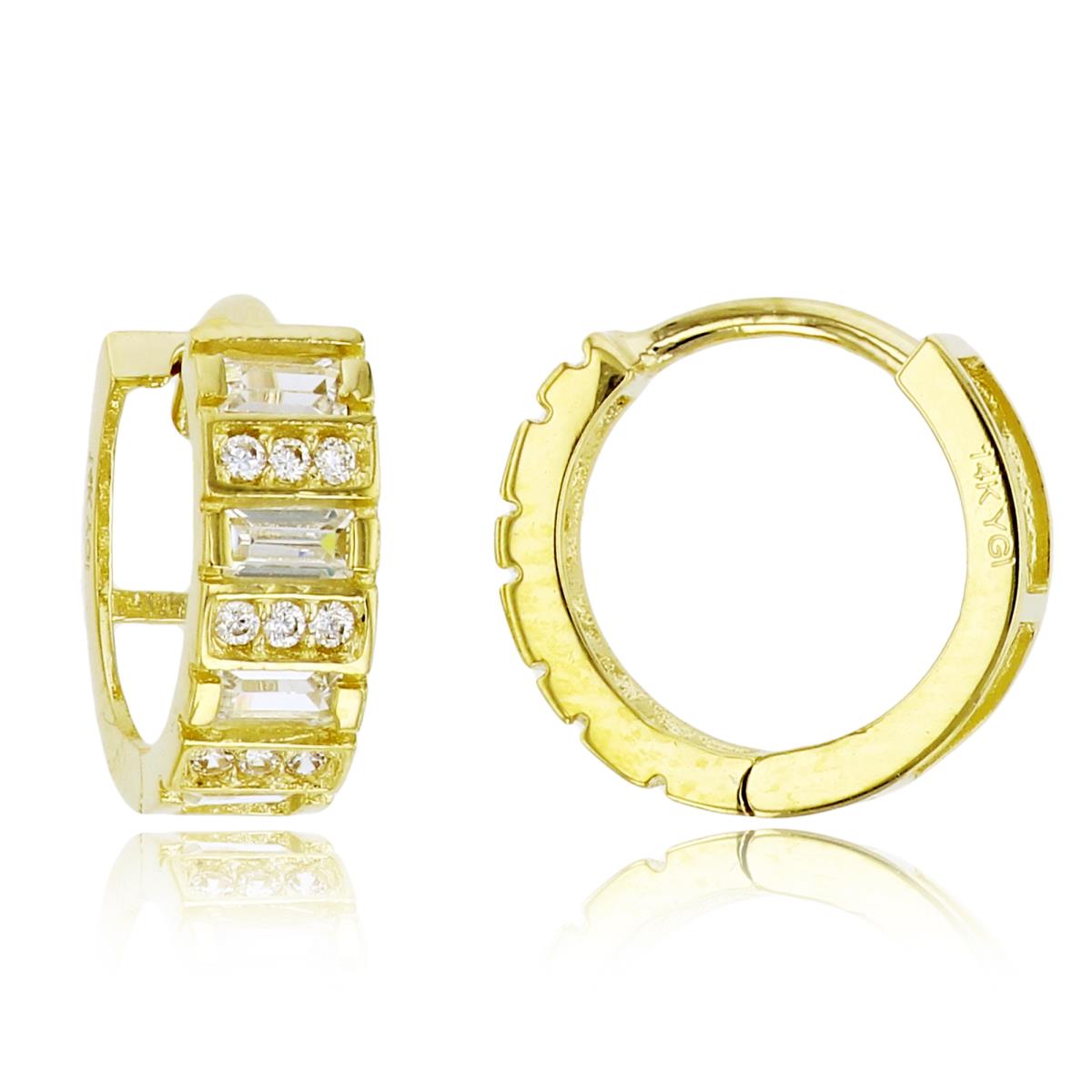 14K Yellow Gold Alternating Round & Baguette CZ Huggie Earring