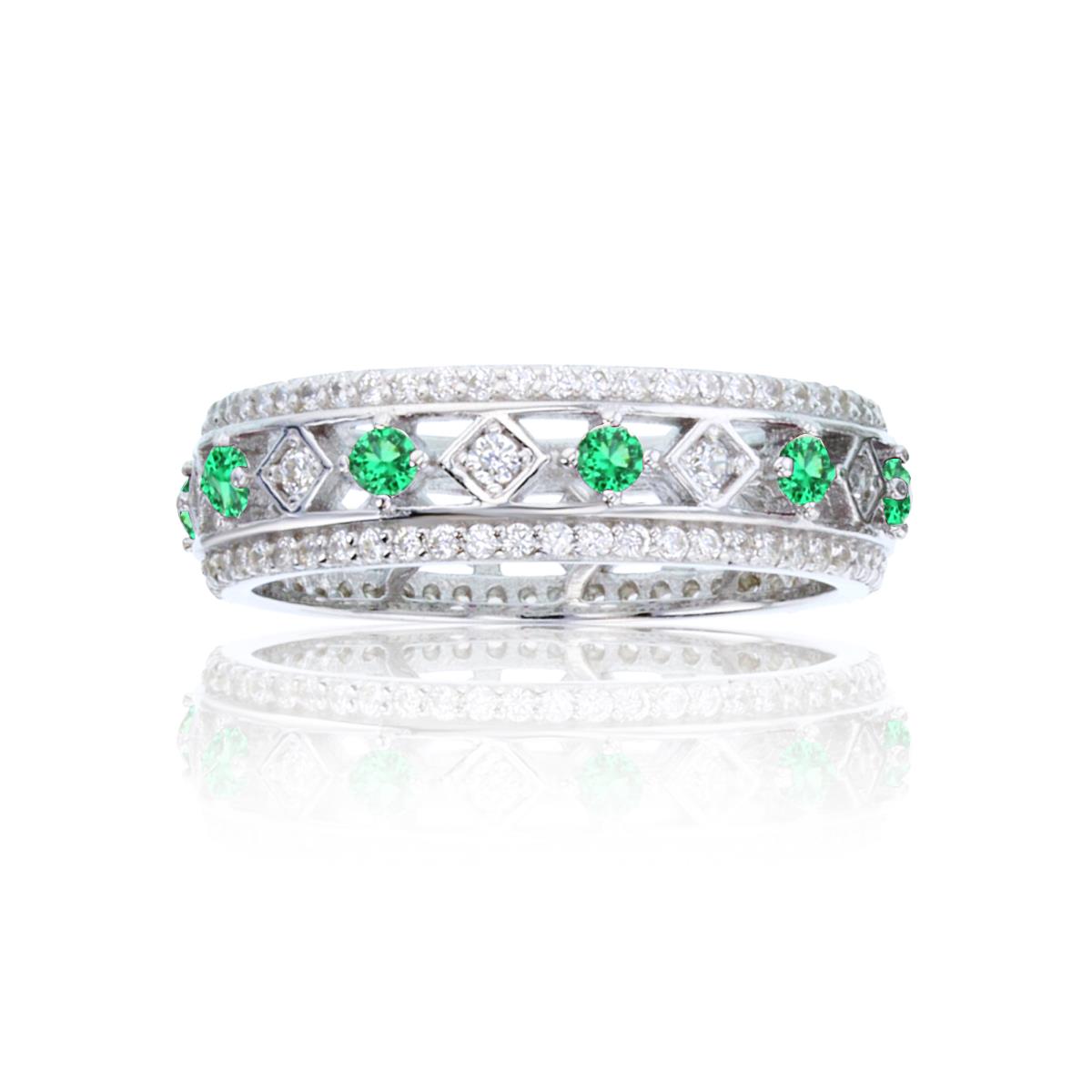 Sterling Silver Rhodium 5.8mm Rnd White & Emerald CZ 3-Rows with Rhombs Band