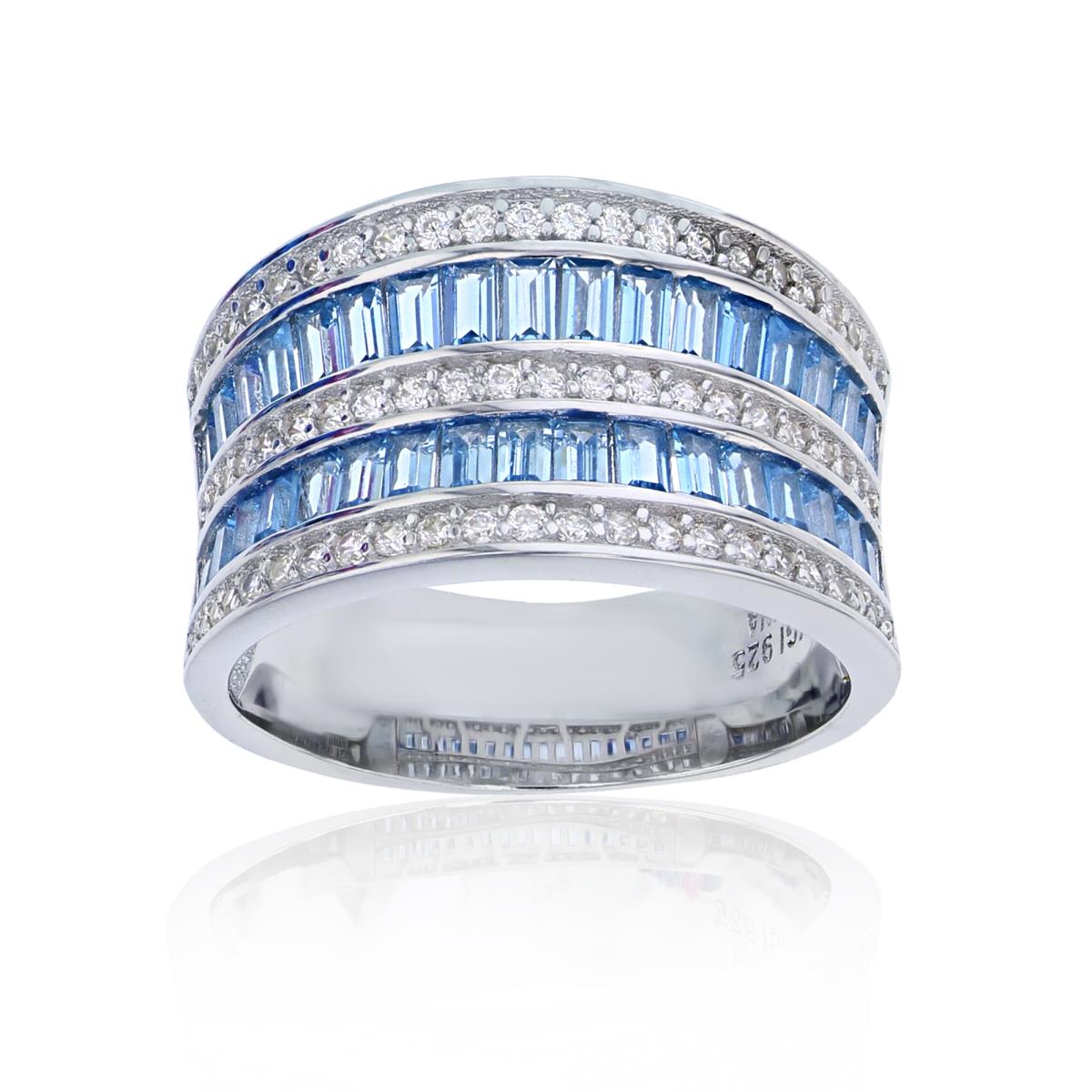 Sterling Silver Rhodium Swiss Blue Baguette & White Rd CZ Concave Band