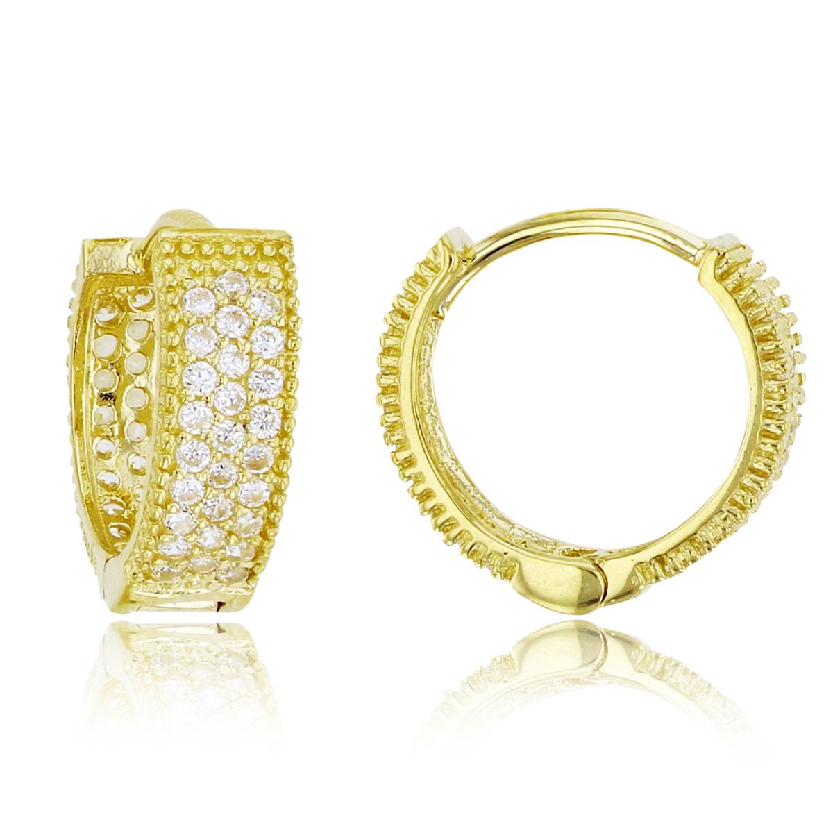 10K Yellow Gold Rnd CZ Micropave Milgrain 12x4.5mm Huggie Earrings