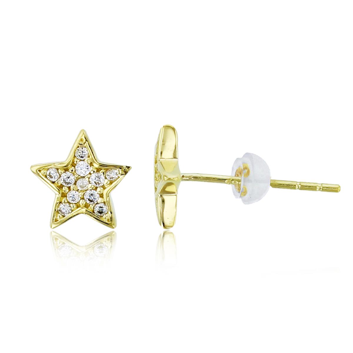 14K Yellow Gold Rnd CZ Micropave Star Studs with Silicon Backs