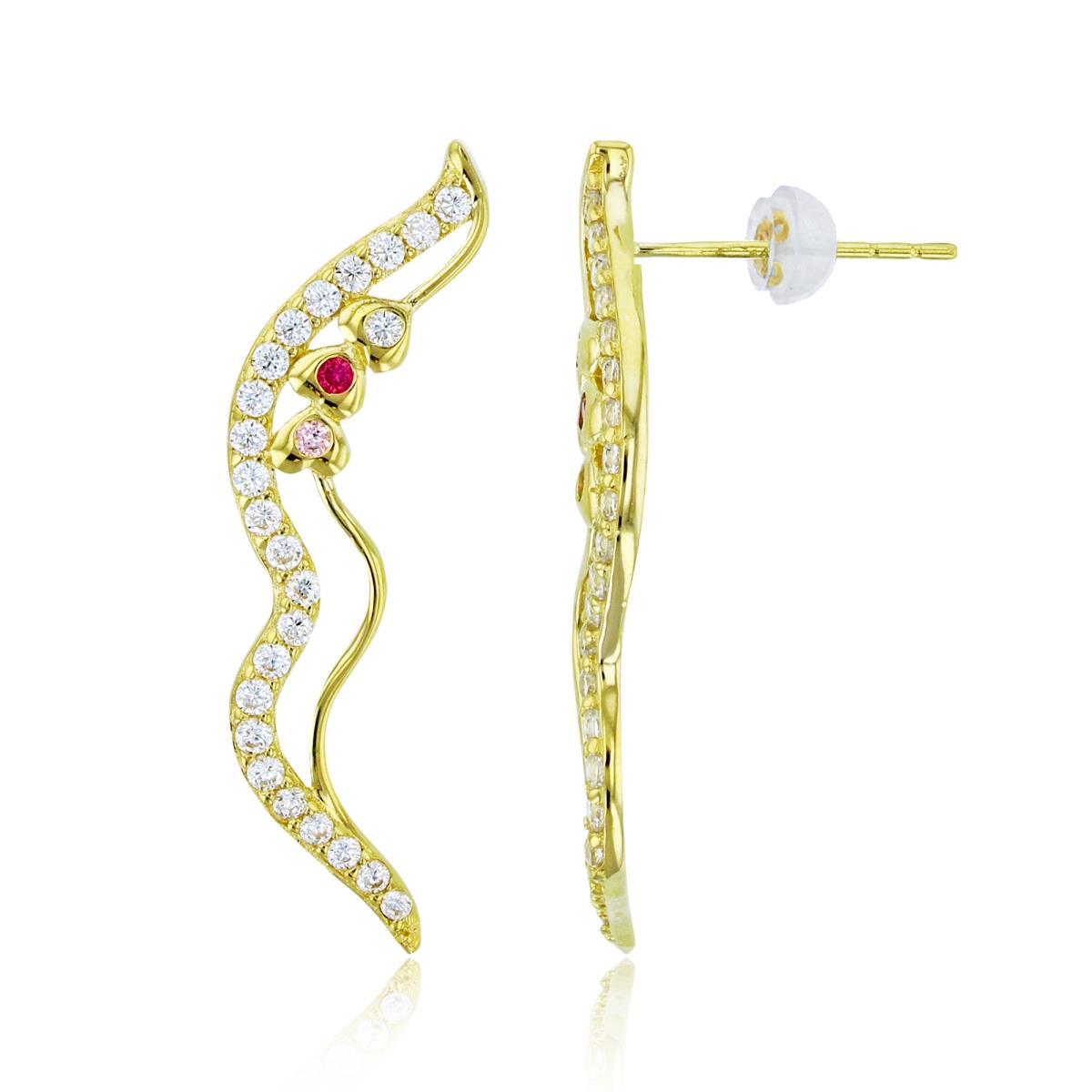 10K Yellow Gold Rnd Multicolor CZ Waved Earrings with Silicon Backs