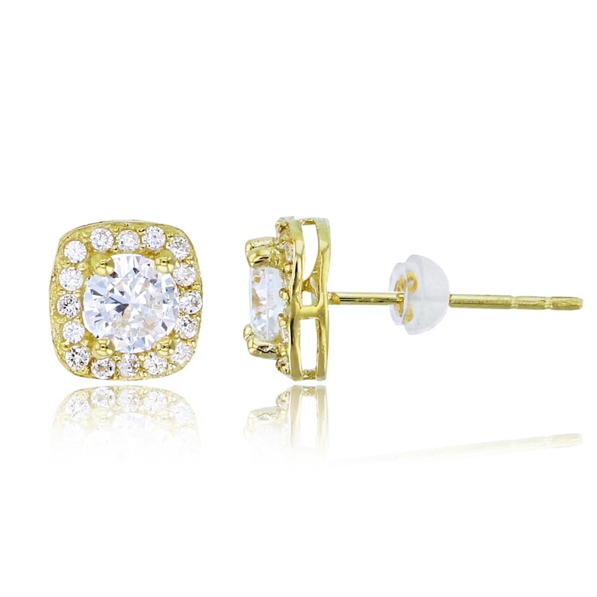 14K Yellow Gold 4mm Rnd CZ Halo Cushion Studs with Silicon Backs