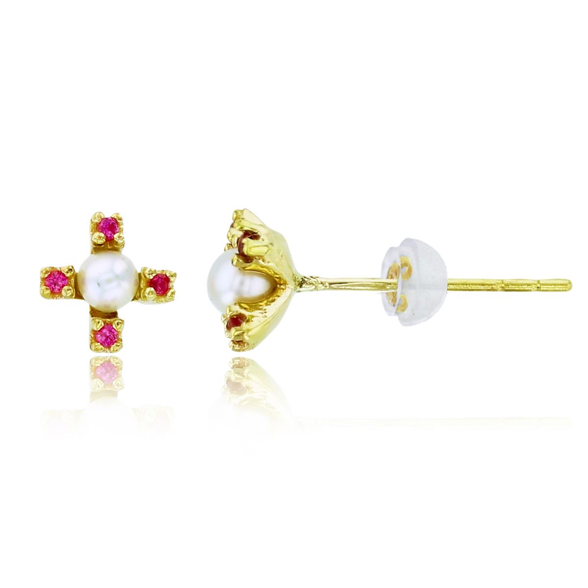 14K Yellow Gold 3mm Rnd Pearl & Ruby CZ Studs with Silicon Backs