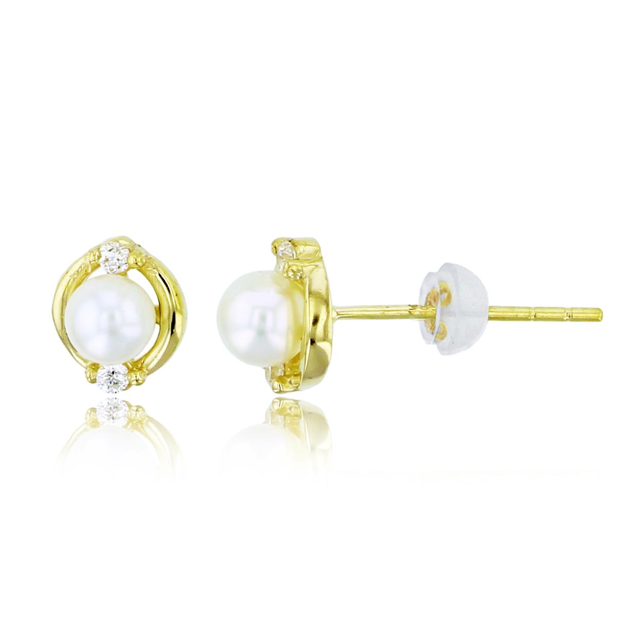 14K Yellow Gold 4mm Rnd Pearl & Rnd White CZ Studs with Silicon Backs