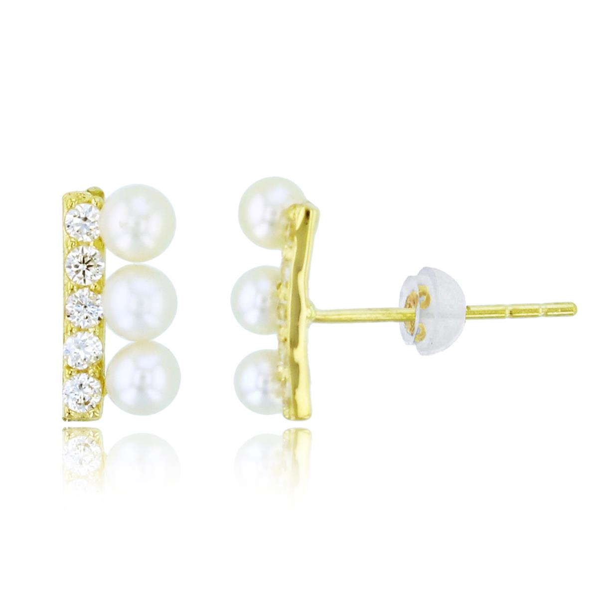 14K Yellow Gold 3.5mm Rnd Pearls & Rnd White CZ Row Studs with Silicon Backs