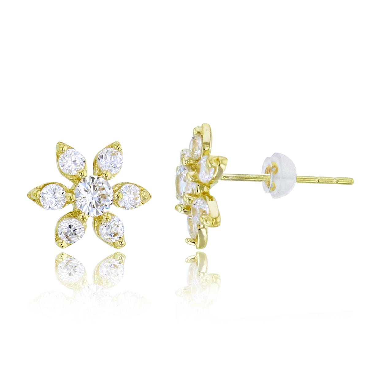 10K Yellow Gold Rnd CZ Flower Studs with Silicon Backs