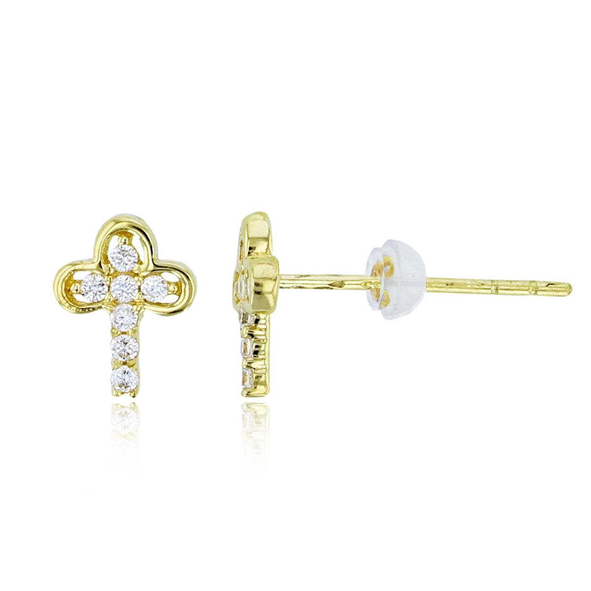 14K Yellow Gold Rnd CZ Cross Studs with Silicon Backs