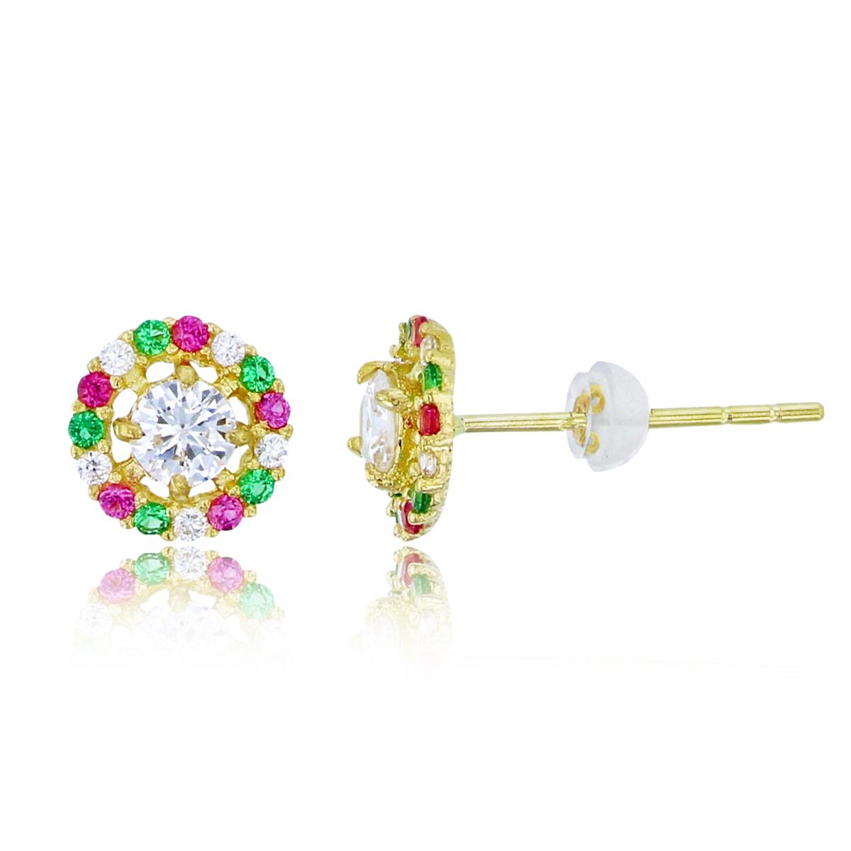 10K Yellow Gold Rnd Multicolor CZ Flower Studs with Silicon Backs