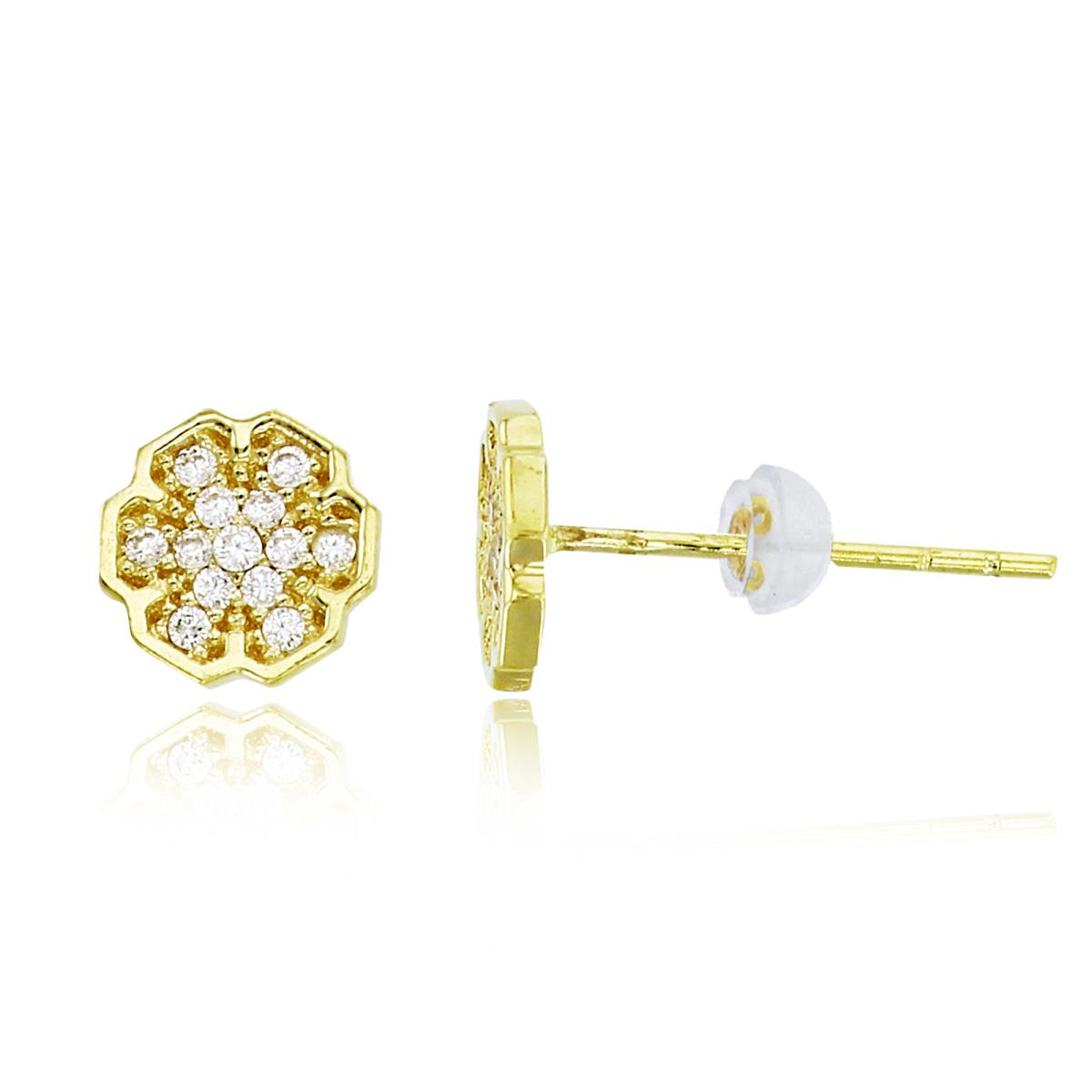 10K Yellow Gold Rnd CZ Micropave Flower Studs with Silicon Backs