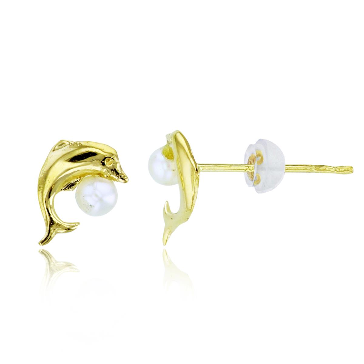10K Yellow Gold 3mm Pearl High Polish Dolphin Studs with Silicon Backs
