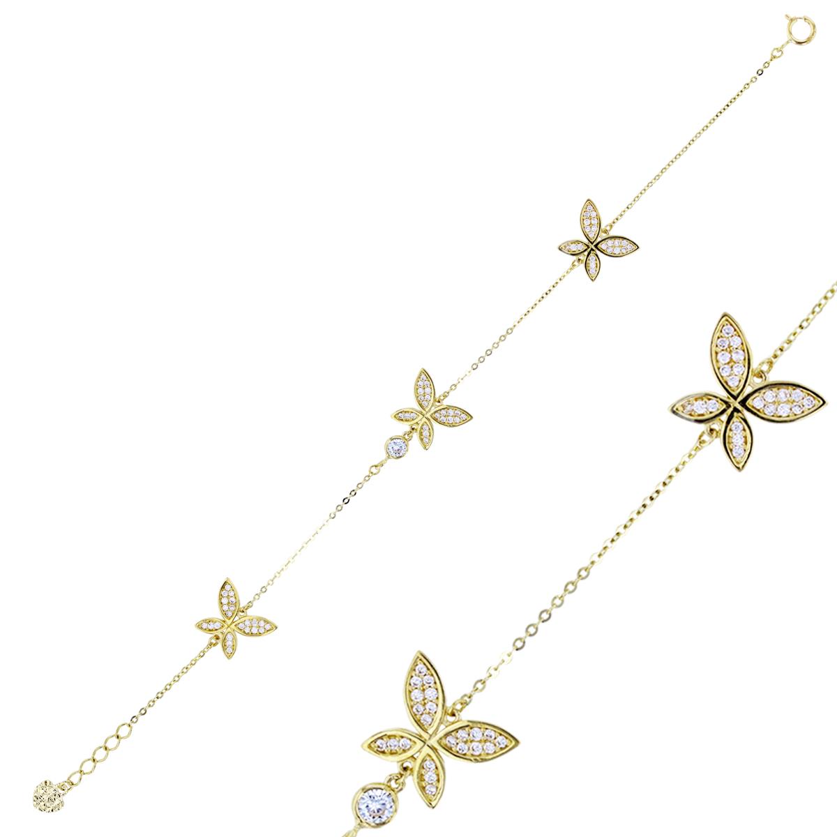 14K Yellow Gold Rnd CZ Bezel Circle & Micropave Butterflies 7+1"Chained Bracelet