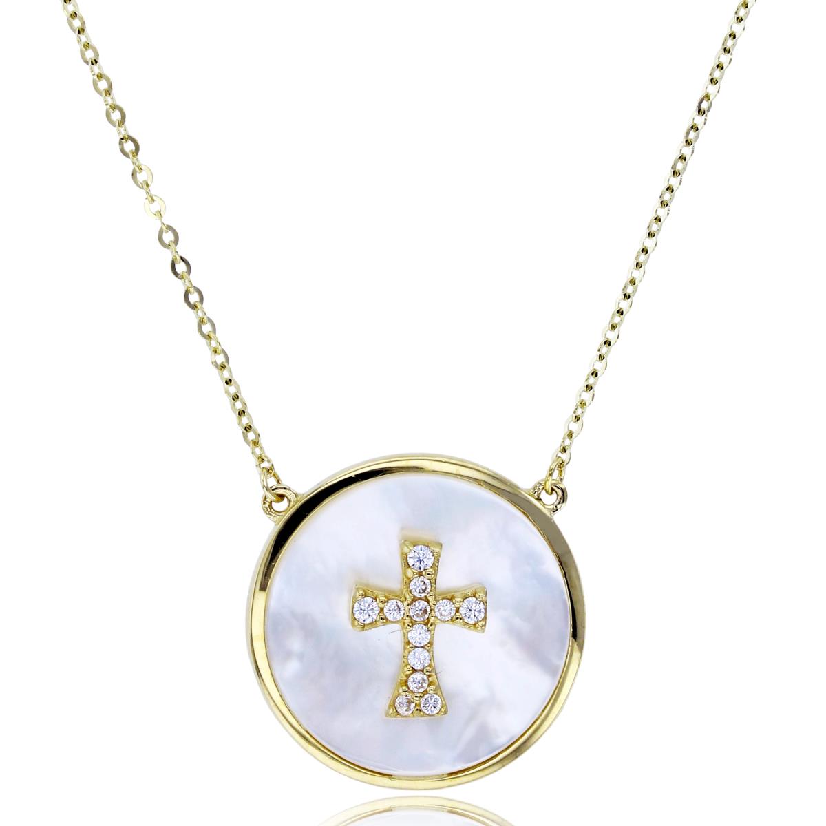 14K Yellow Gold Rnd CZ Cross on Inlay Mop Circle 17+1"Necklace