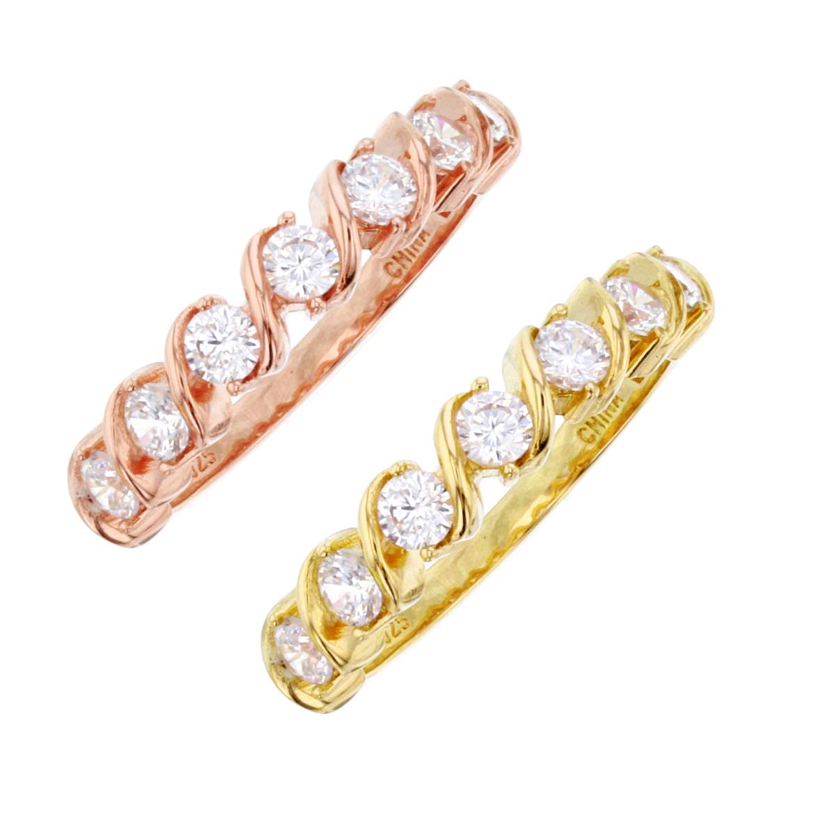 Sterling Silver Rose & Yellow 3mm Rnd White CZ 7-stones Row Set of 2 Bands