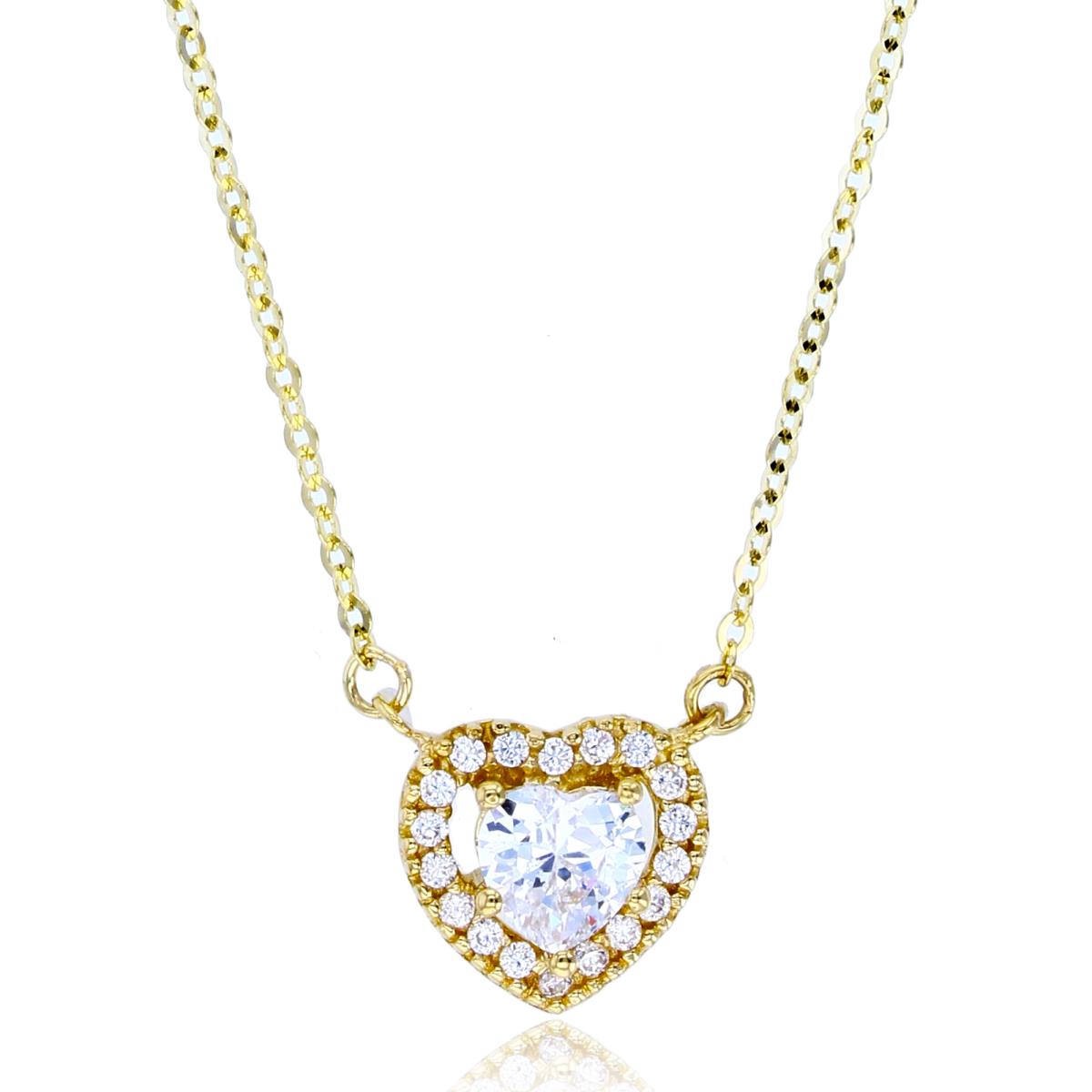 14K Yellow Gold 4.5mm HS & Rnd CZ Halo Heart 17+1"Necklace