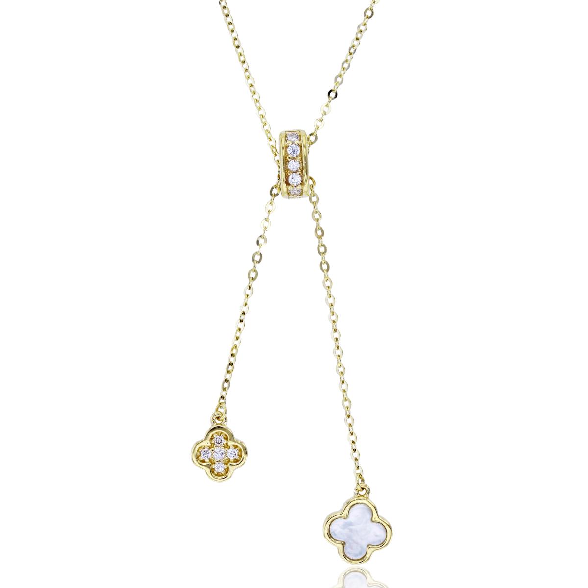 14K Yellow Gold Rnd CZ & Inlay Mop Clovers Dangling on CZ Oval 17+1"Necklace
