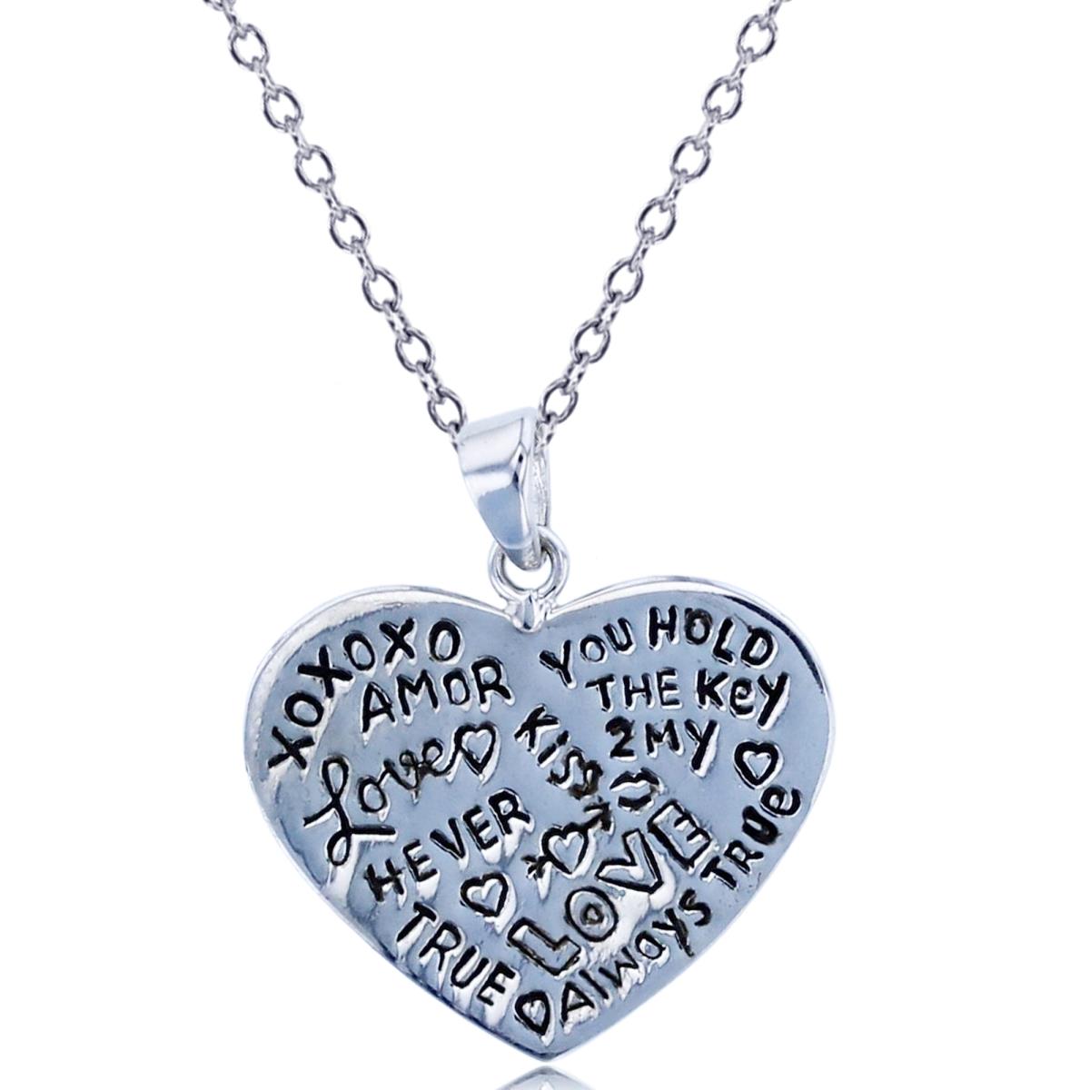 Sterling Silver Rhodium Engraved Heart 18"Necklace