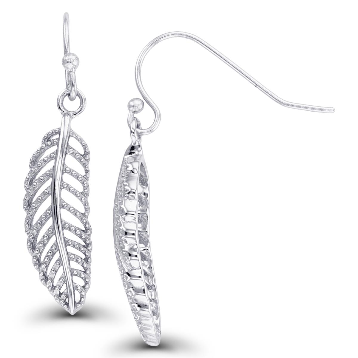 Sterling Silver Rhodium Textured DC Leaf Dangling Earrings