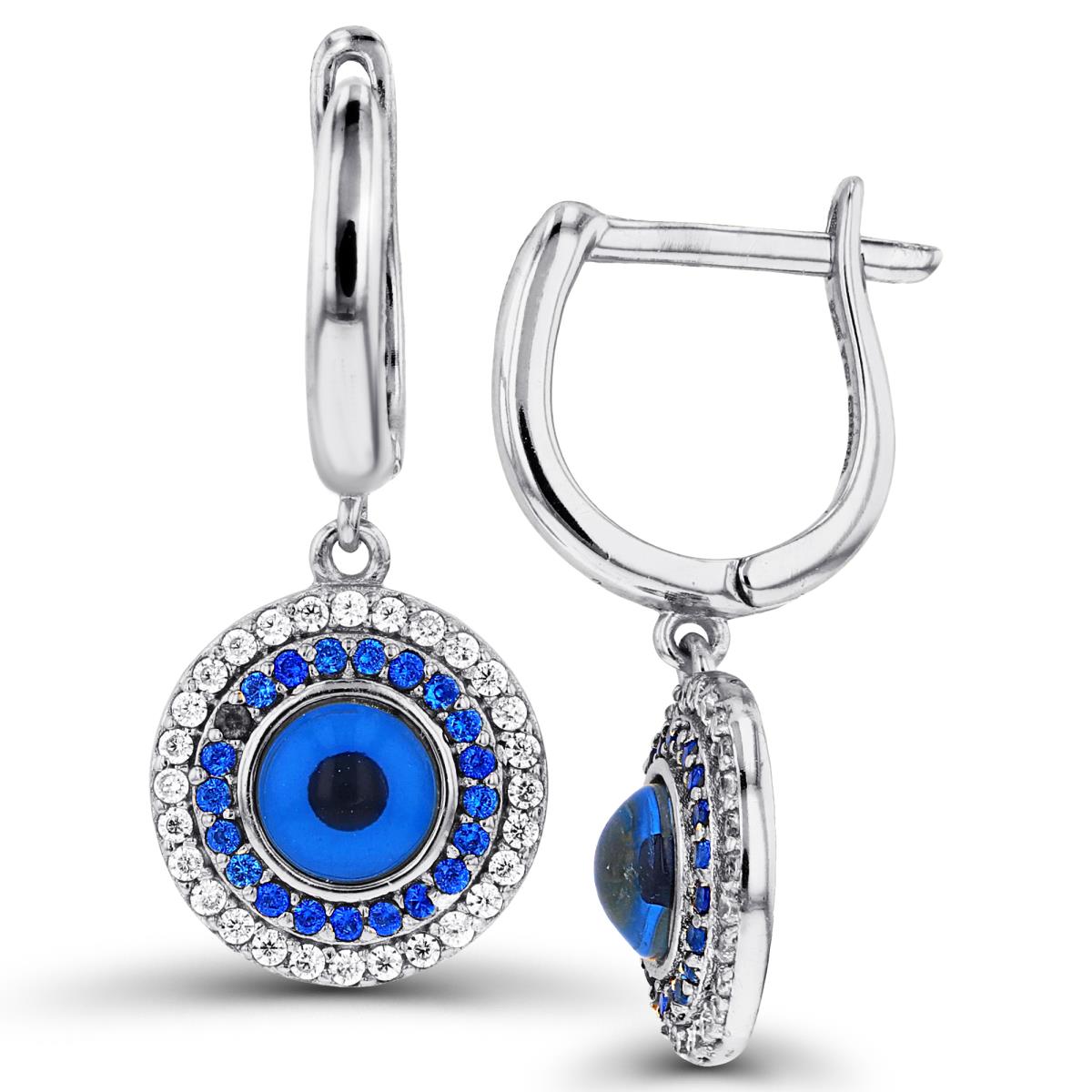 Sterling Silver Rhodium Rnd White & #113 Blue Spinel /5mm Rnd Blue Glass Evil Eye  Dangling Earrings