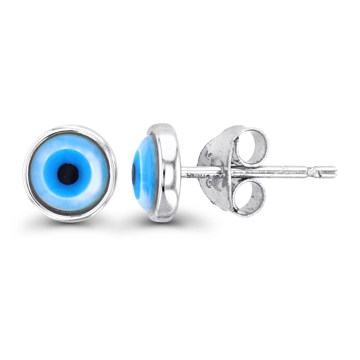Sterling Silver Rhodium 5mm Rnd Blue Bezel Evil Eye Studs