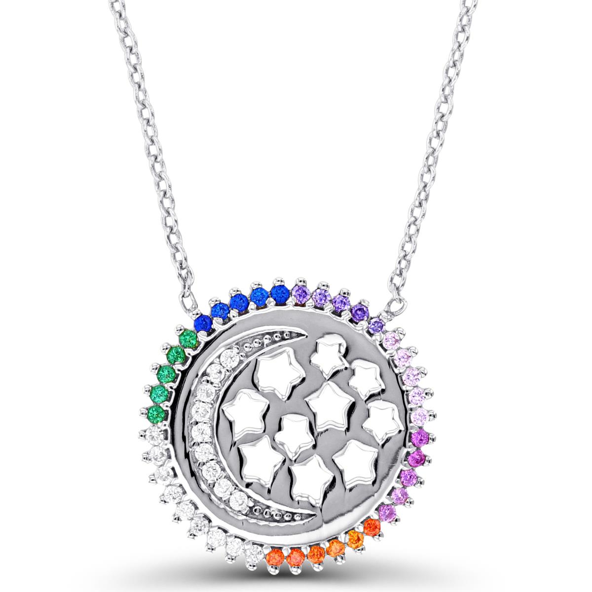 Sterling Silver Rhodium Rnd Multicolor CZ Circle with Cut Stars 16+2"Necklace