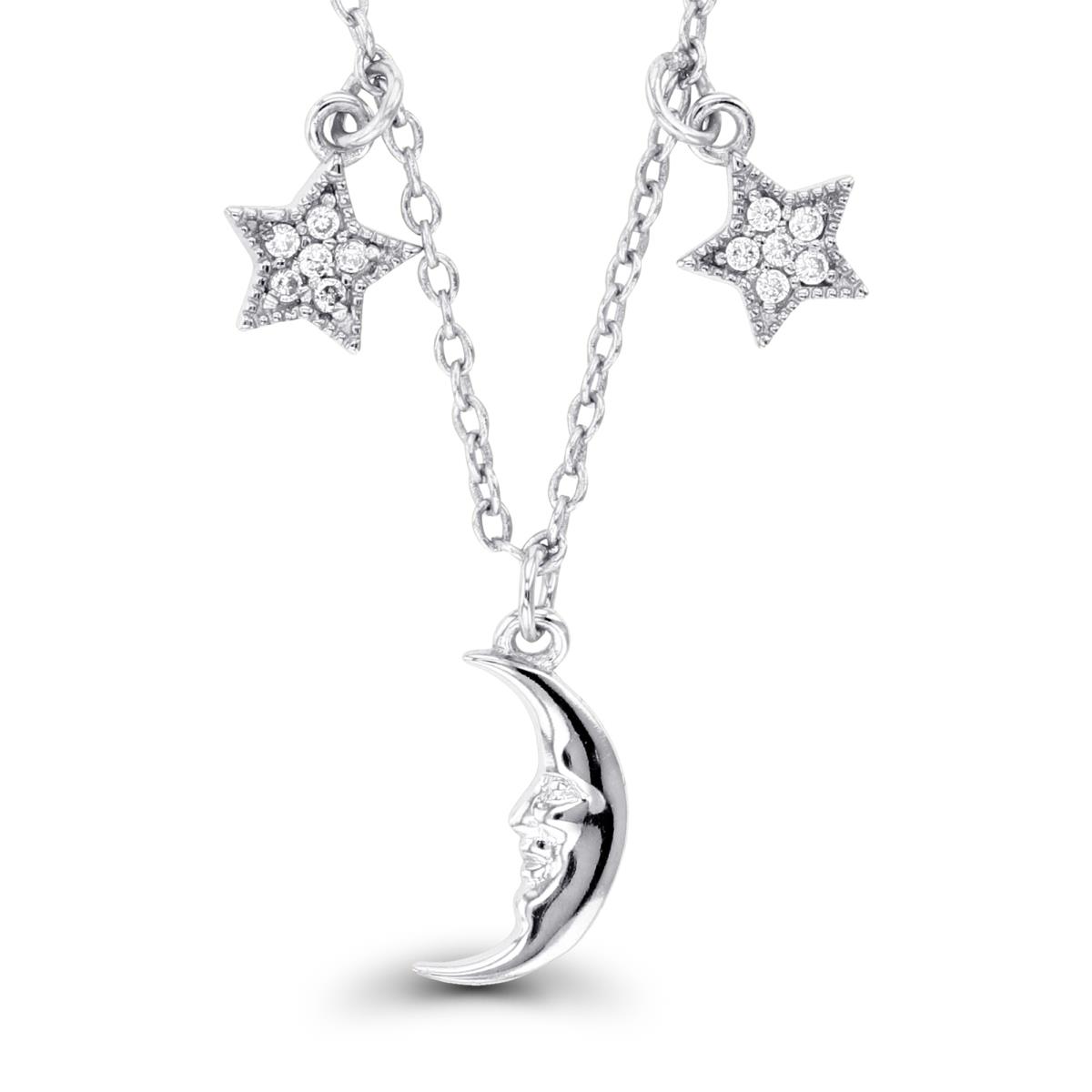 Sterling Silver Rhodium Rnd CZ Stars & High Polish Moon Dangling 16+2''Necklace