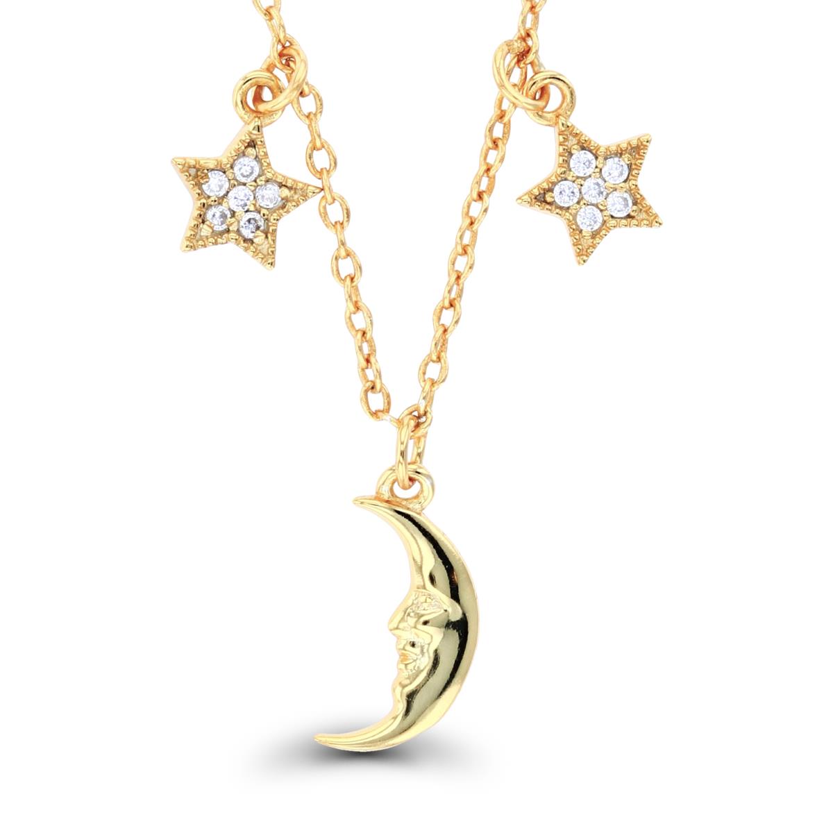 Sterling Silver Yellow Rnd CZ Stars & High Polish Moon Dangling 16+2''Necklace