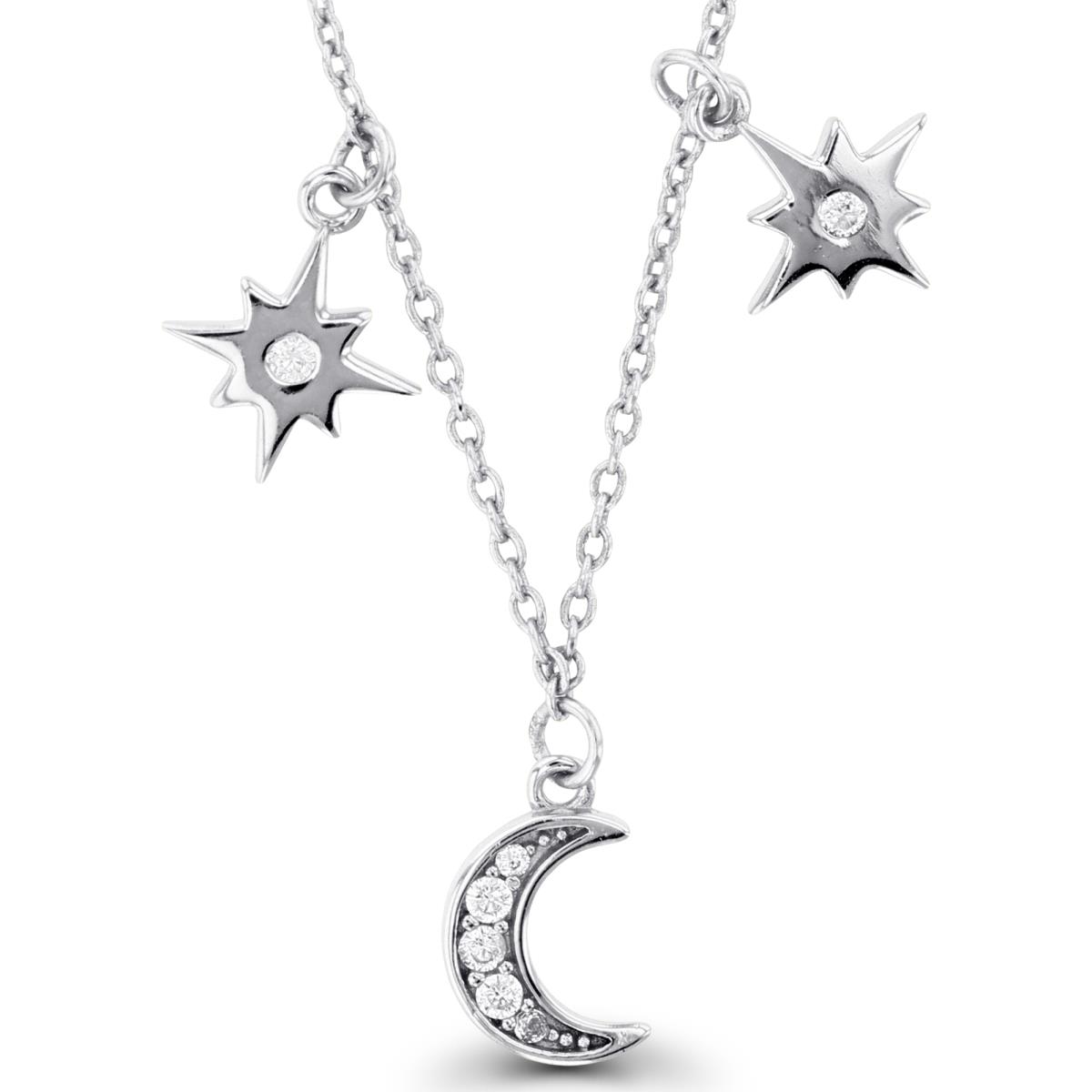 Sterling Silver Rhodium Rnd CZ Moon & Stars Dangling 16+2''Necklace