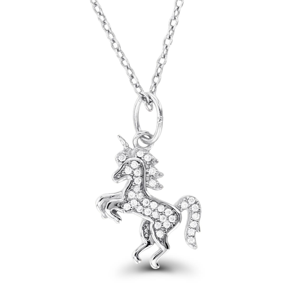 Sterling Silver Rhodium Rnd CZ Micropave Horse 16+2"Necklace
