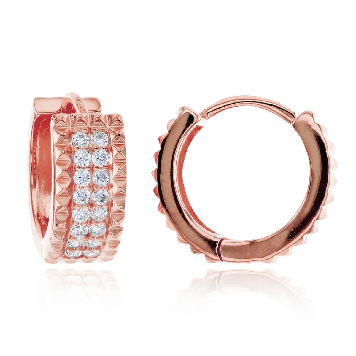 Sterling Silver+1Micron Rose Gold Rnd CZ Textured on Sides 13.5x6mm Puffy Huggie Earrings
