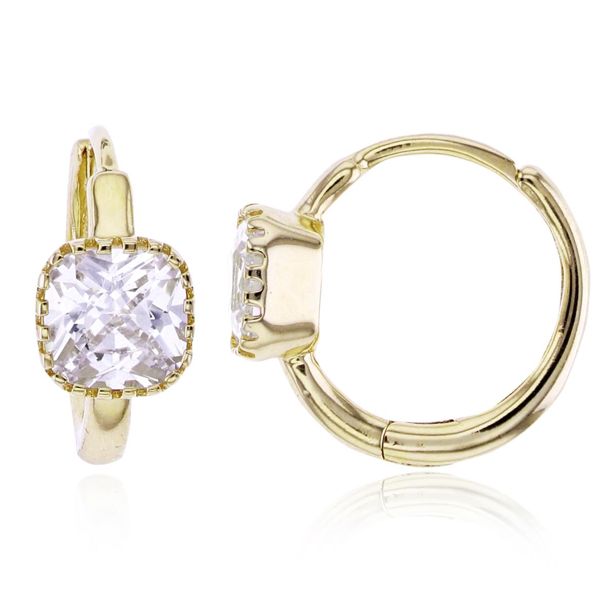 Sterling Silver+1Micron Yellow Gold 6mm Cushion CZ Bezel Basket Center 14x6.5mm Huggie Earrings