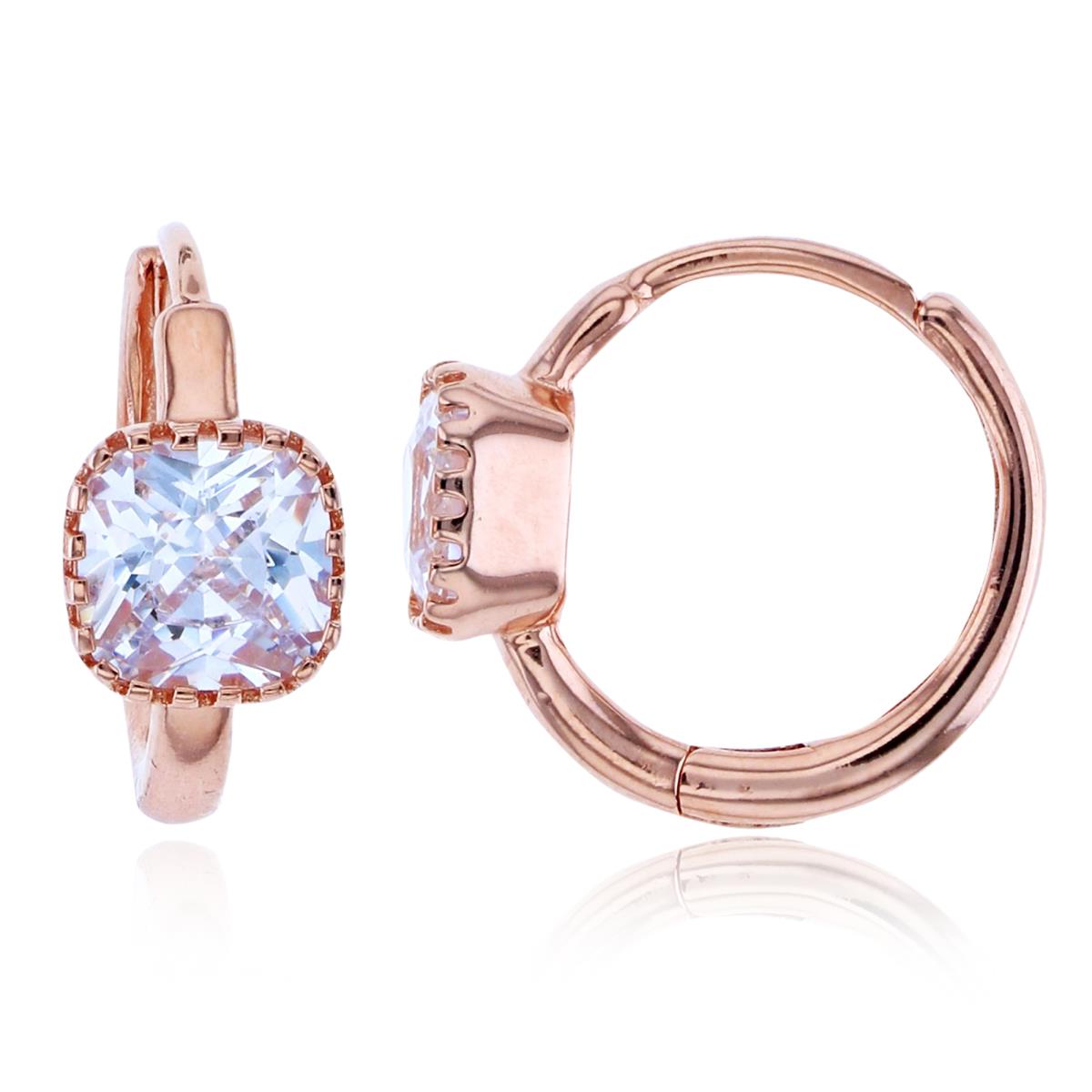 Sterling Silver+1Micron Rose Gold 6mm Cushion CZ Bezel Basket Center 14x6.5mm Huggie Earrings