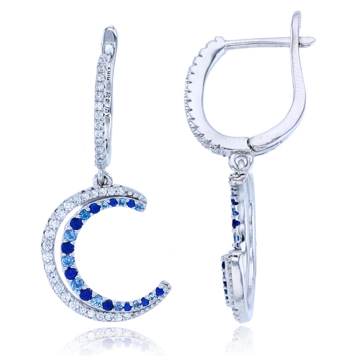 Sterling Silver Rhodium Rnd White & #114/#119 Blue Spinel CZ Moon Dangling on Huggie Earrings