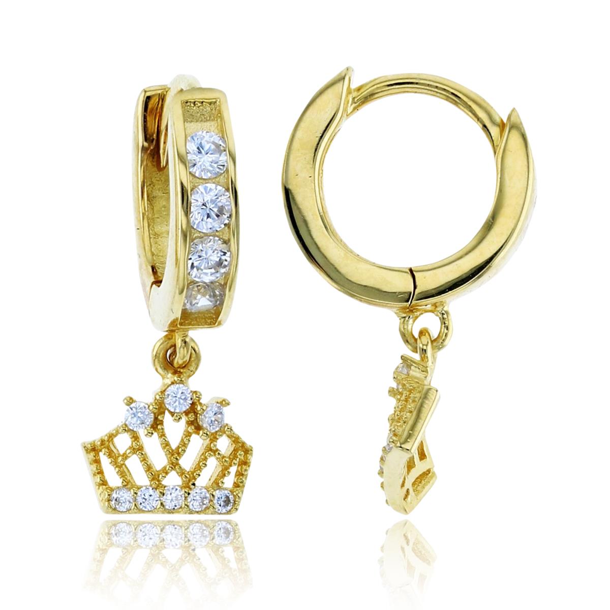 Sterling Silver+1Micron Yellow Gold Rnd CZ Milgrain Crown Dangling on Huggie Top Earrings