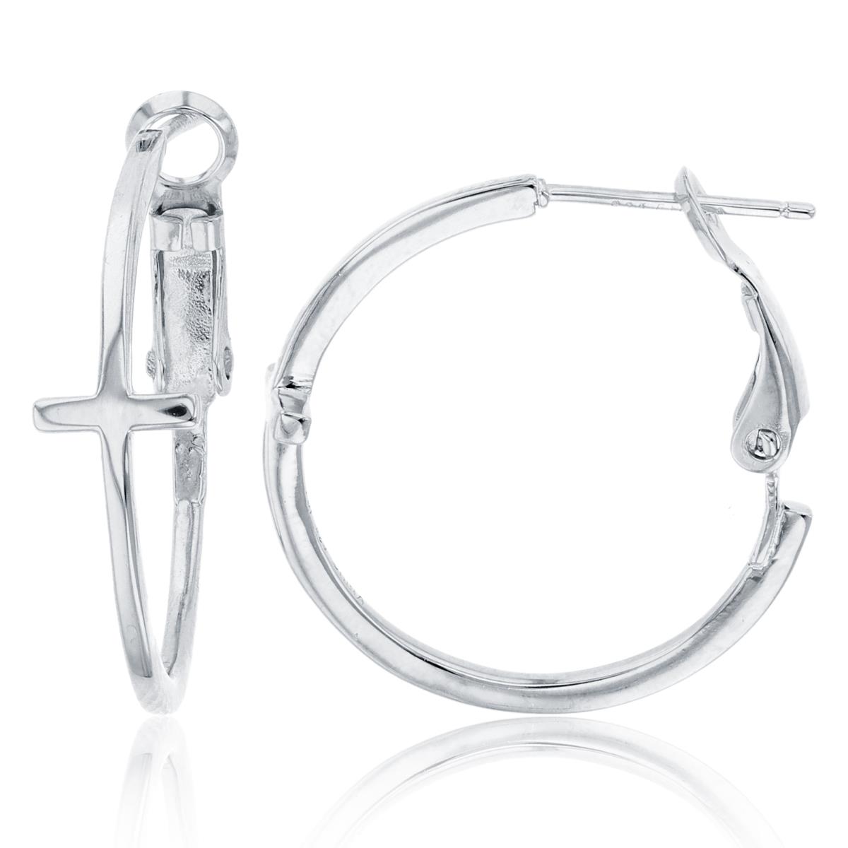 Sterling Silver Rhodium High Polish Cross Tubing Hoop Earrings with Post/Clip