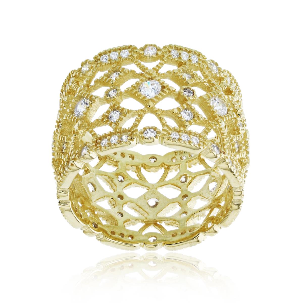Sterling Silver+1Micron Yellow Gold Rnd CZ Ornament Milgrain Wide Band 
