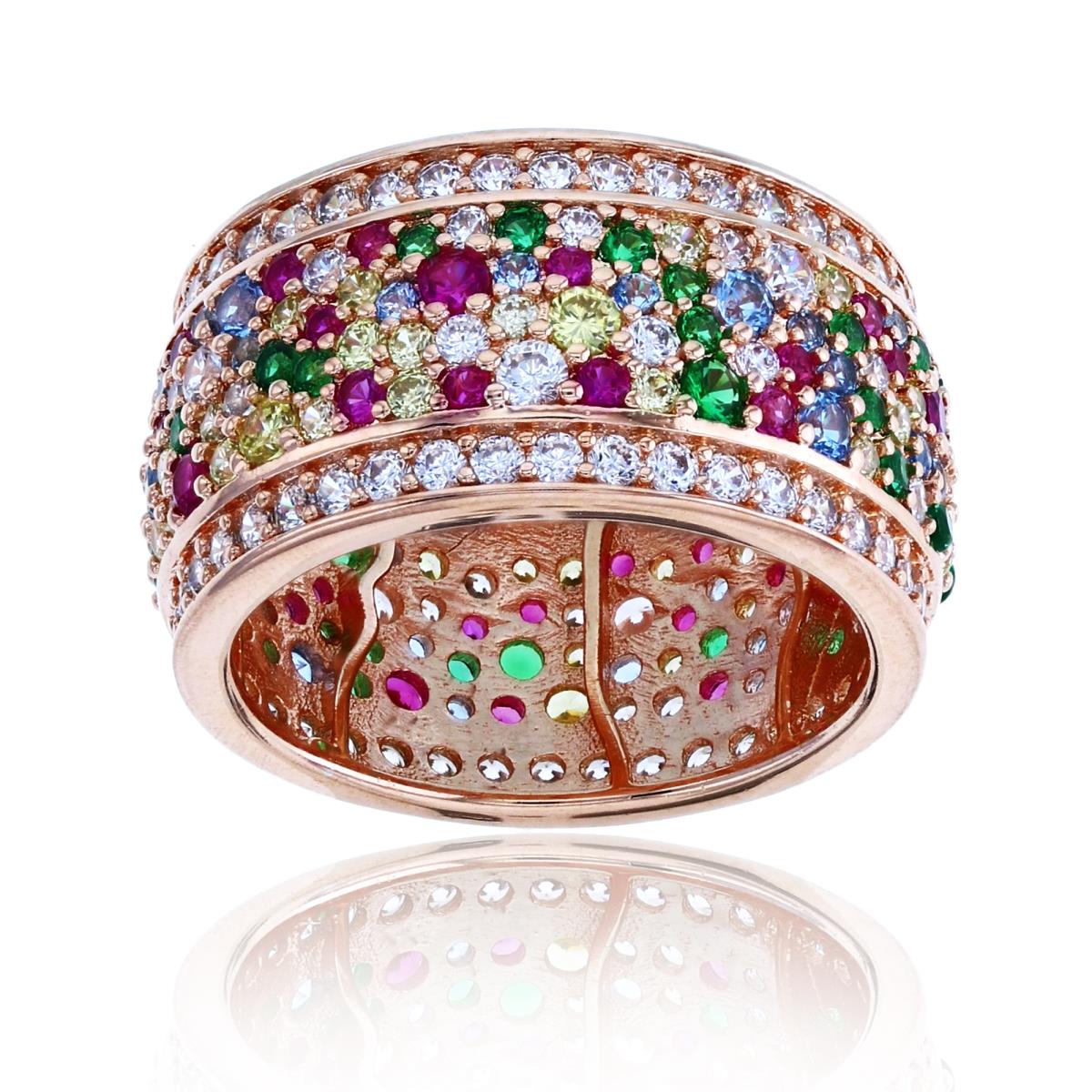 Sterling Silver Rose Rnd Multicolor CZ Dome Wide Band 