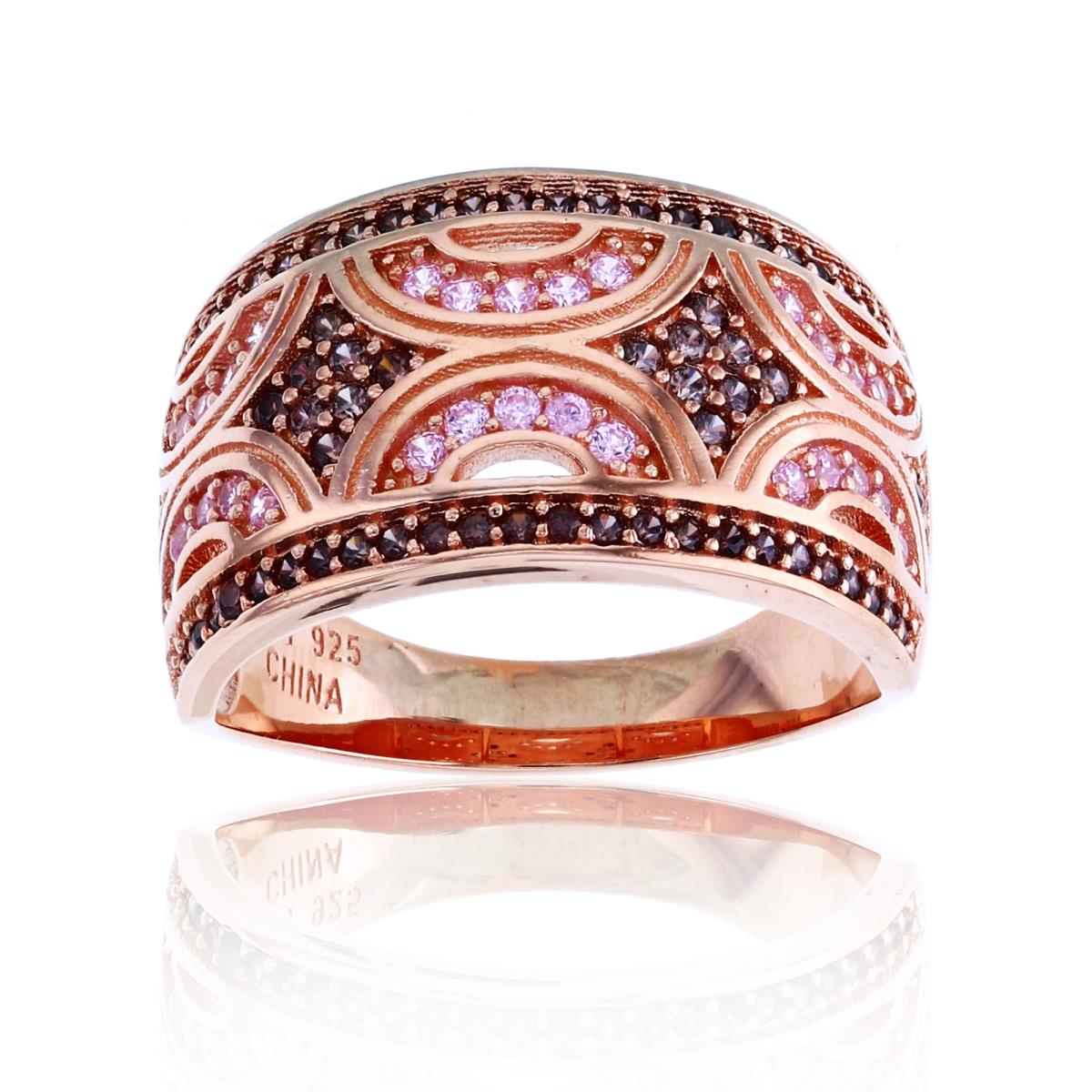 Sterling Silver+1Micron Rose Gold Rnd Pink & Smokey CZ Ornament Wide Band 